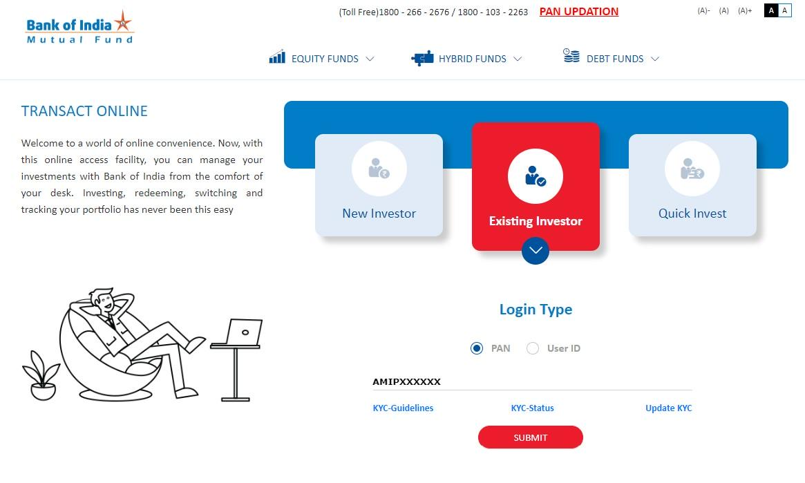 Transact Online login screen for existing BOIMF users using PAN details