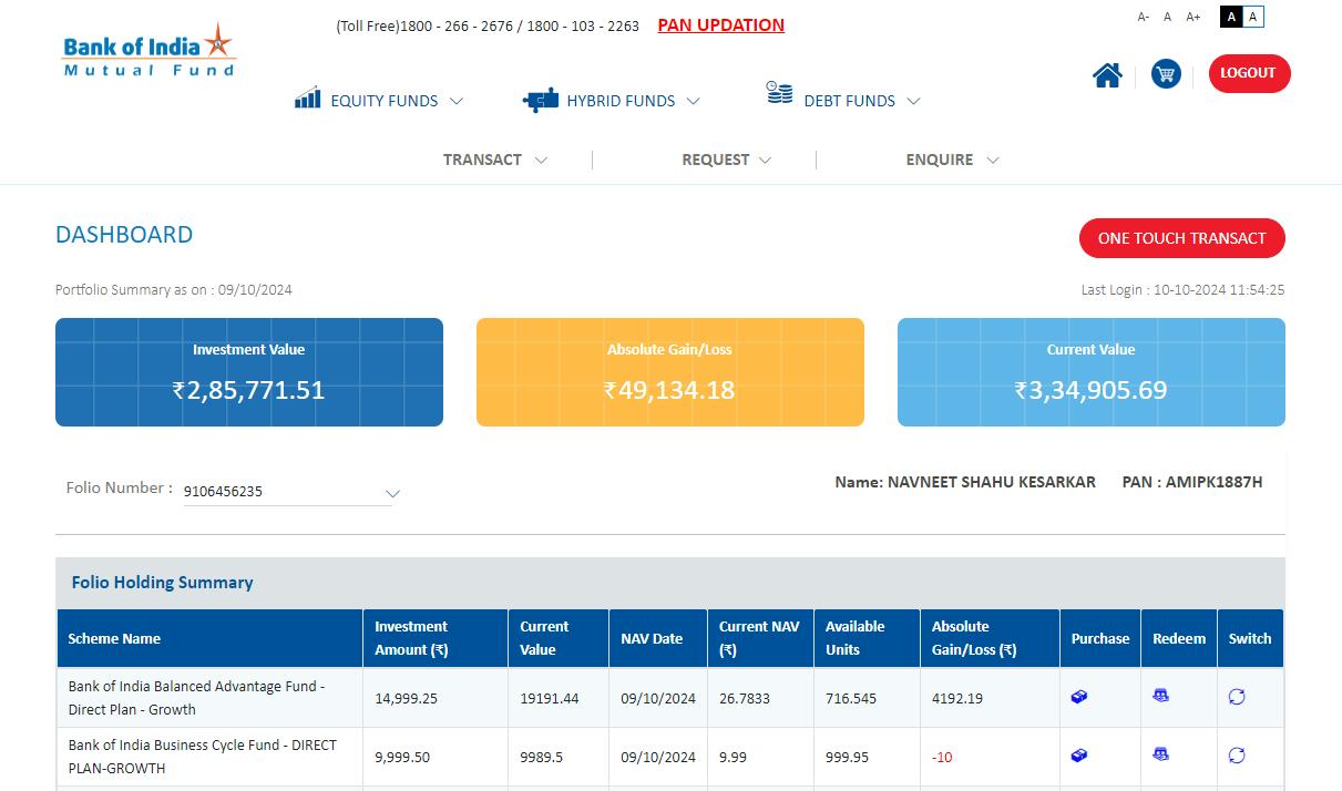 Transact Online menu showing additional purchase, SIP, switch and redemption options
