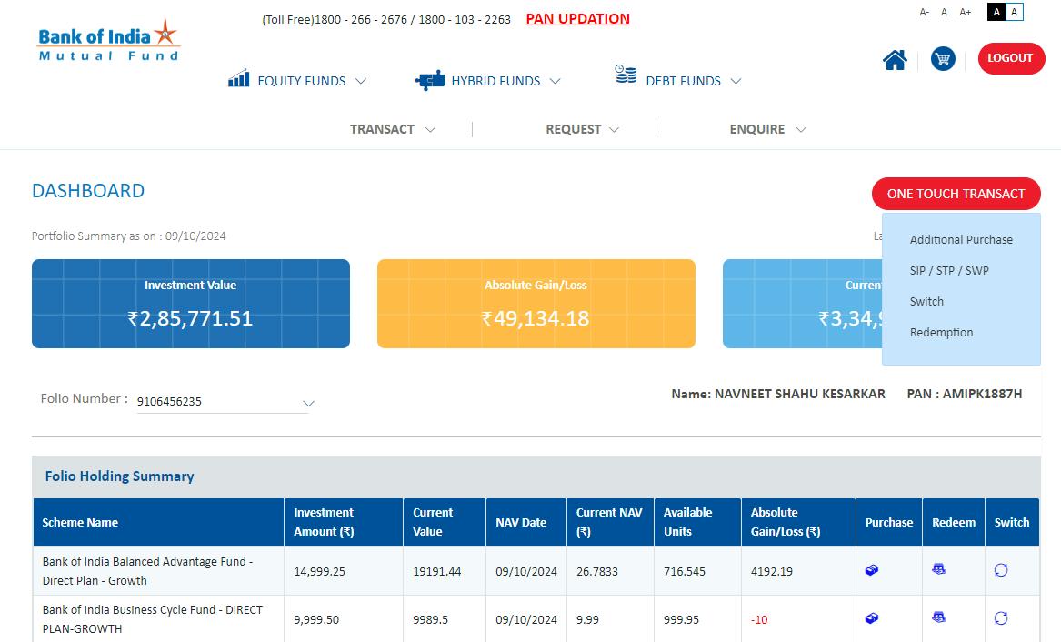 BOIMF dashboard with One Touch Transact option