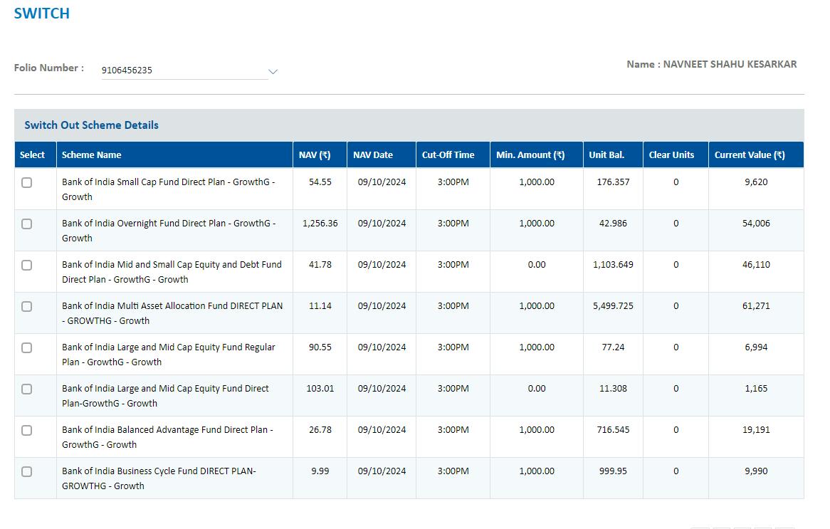 Switch transaction page showing invested schemes and switch options